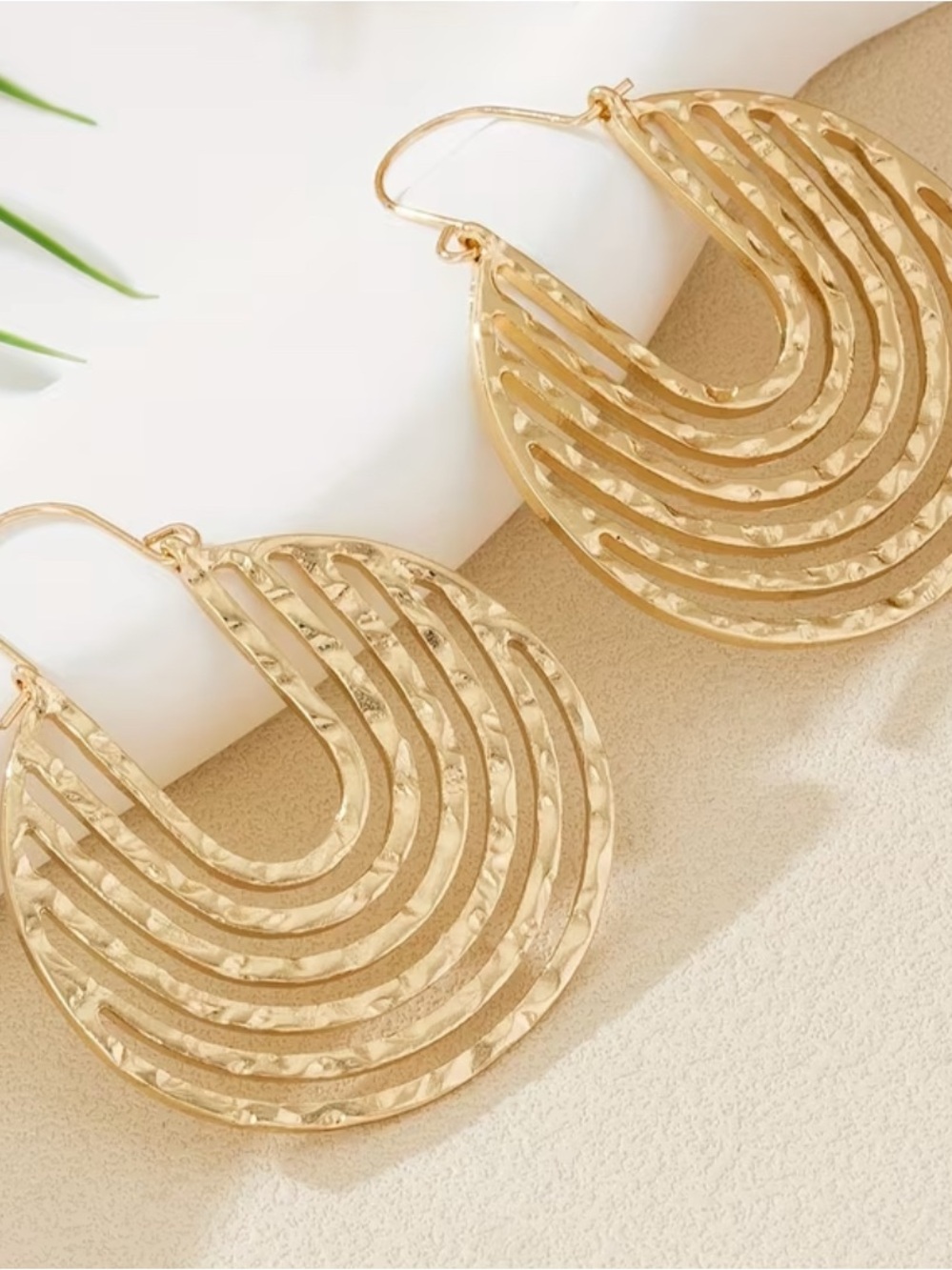 Gold Hammered Openwork Hoop Earrings - Women Jewelry